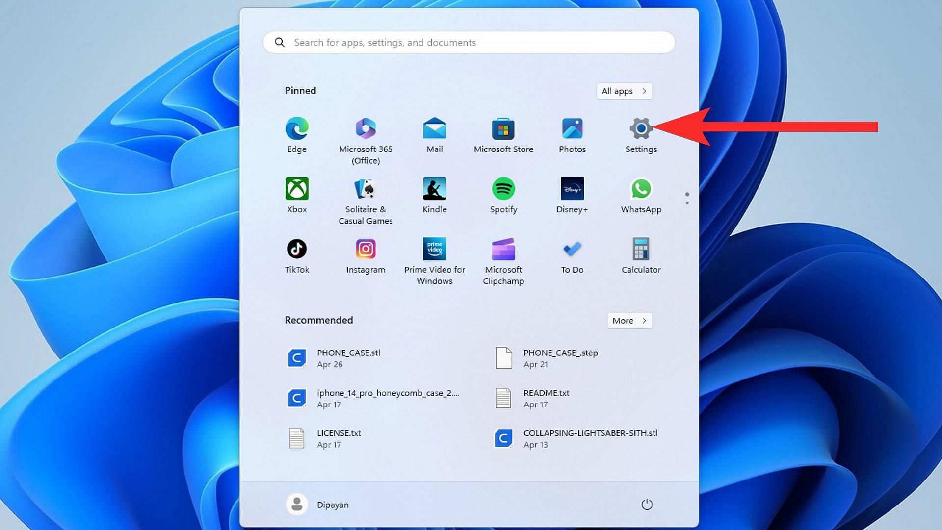 Open Start menu and click on "Settings" (Image via Sportskeeda)